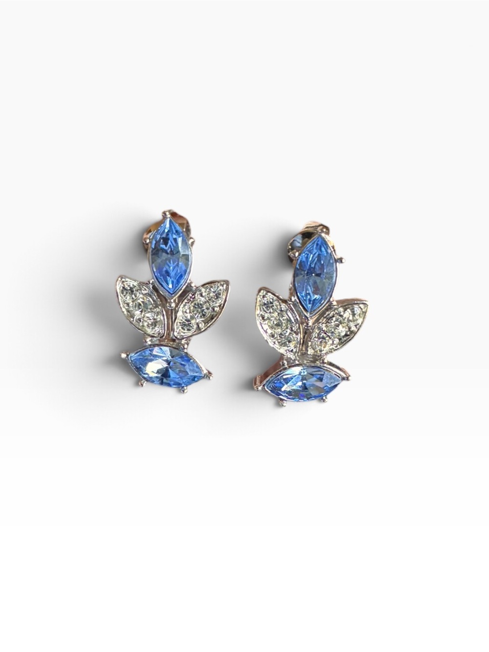 Blue Crystal Floral Leaf Drop Clip-on Earrings - Women Jewelry